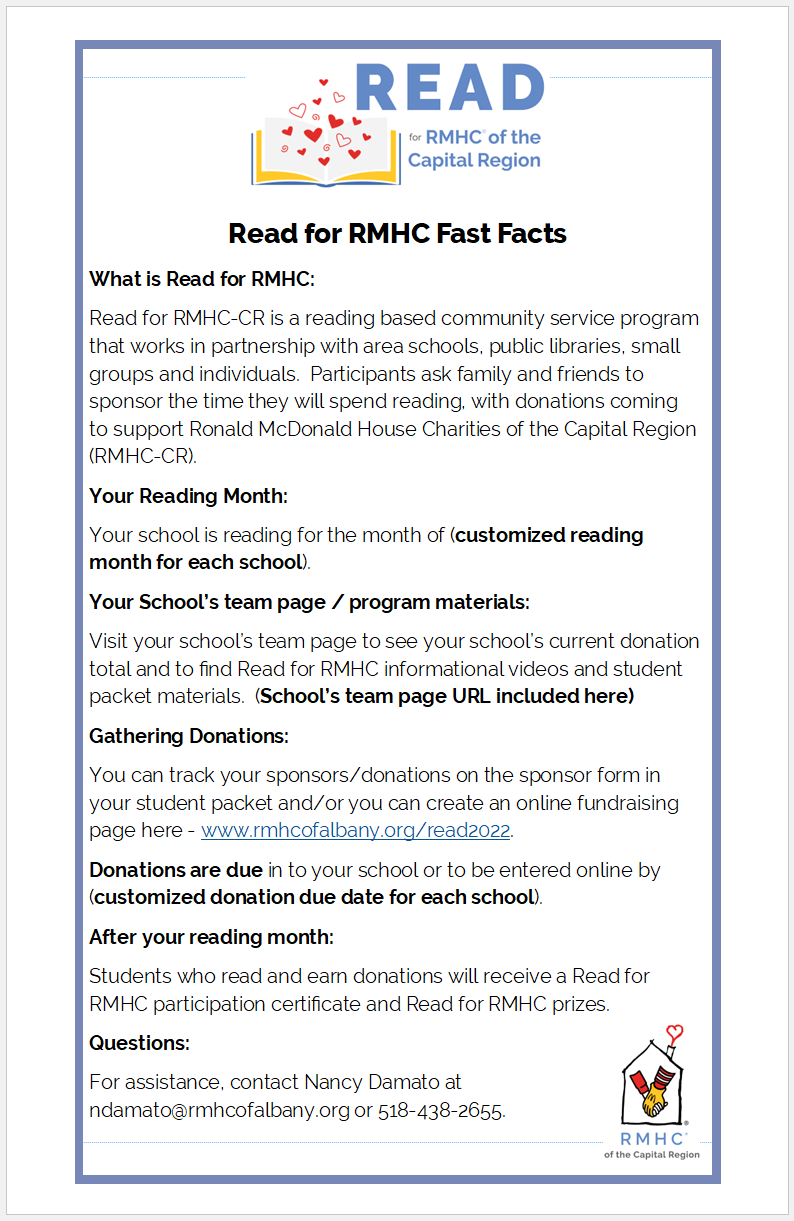 Check out Middleburgh Library Reads for RMHC's team fundraising page for Ronald McDonald House