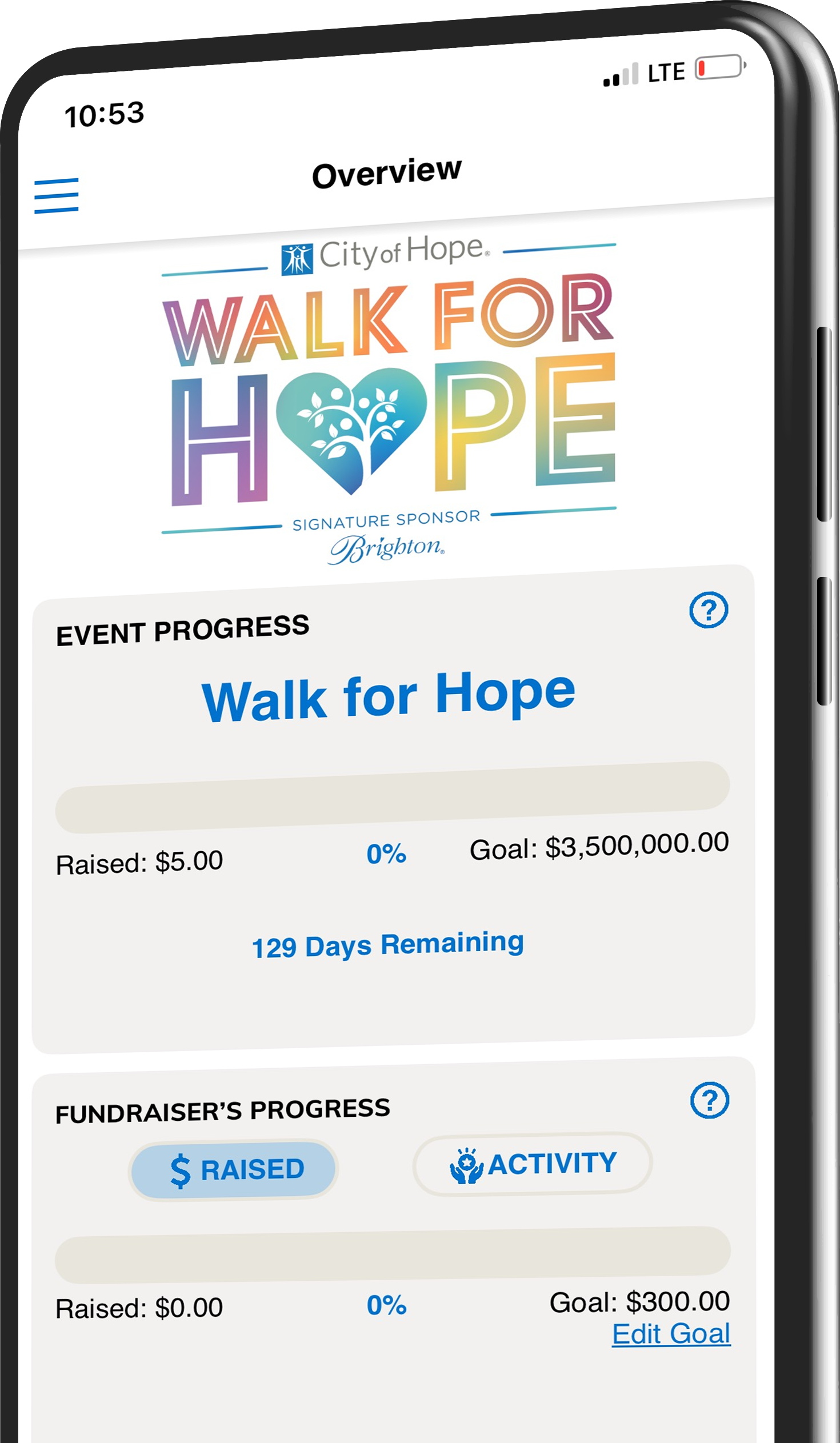 Walk for Hope app screenshot