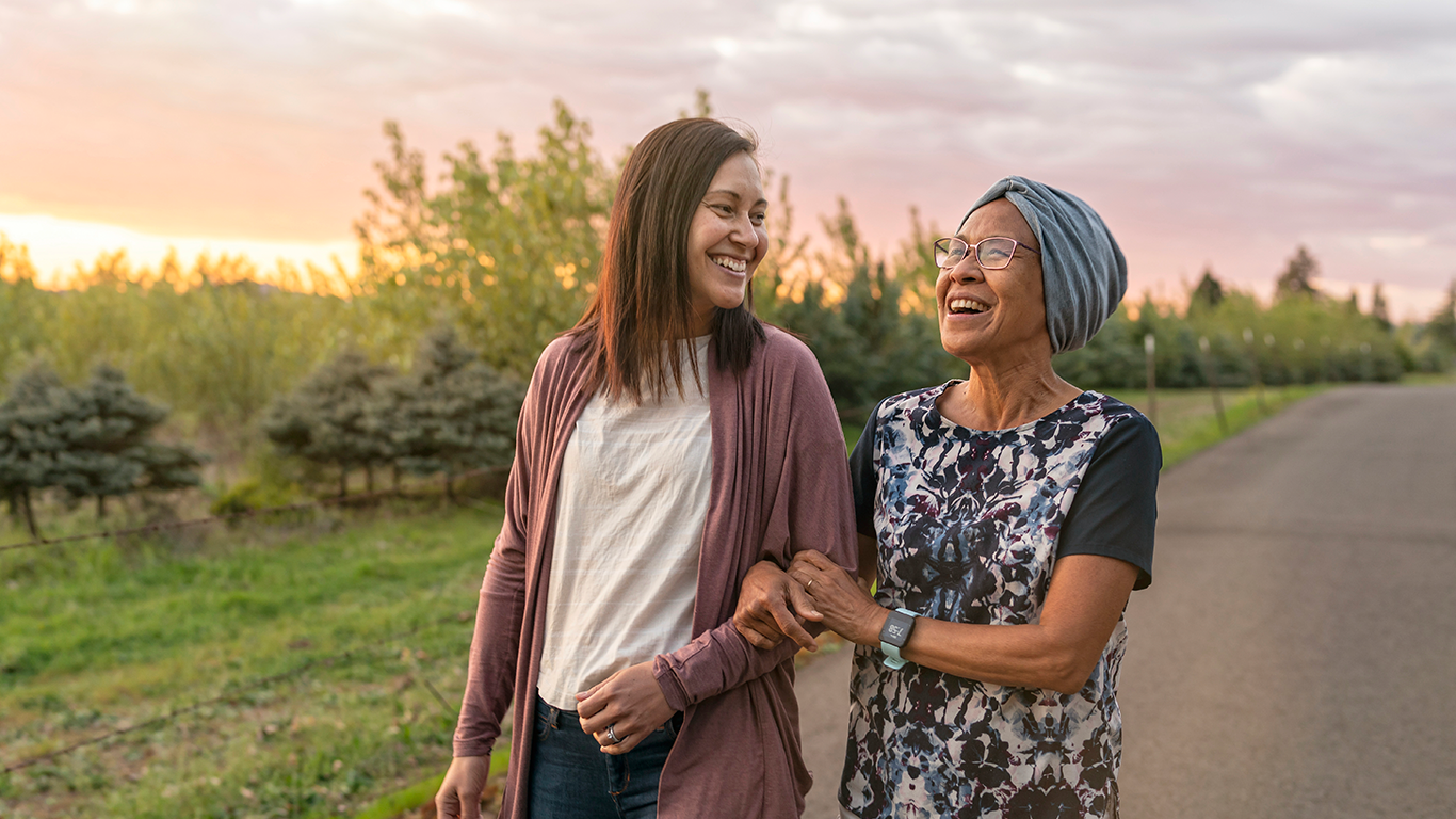 A young woman and an older woman in a head scarf