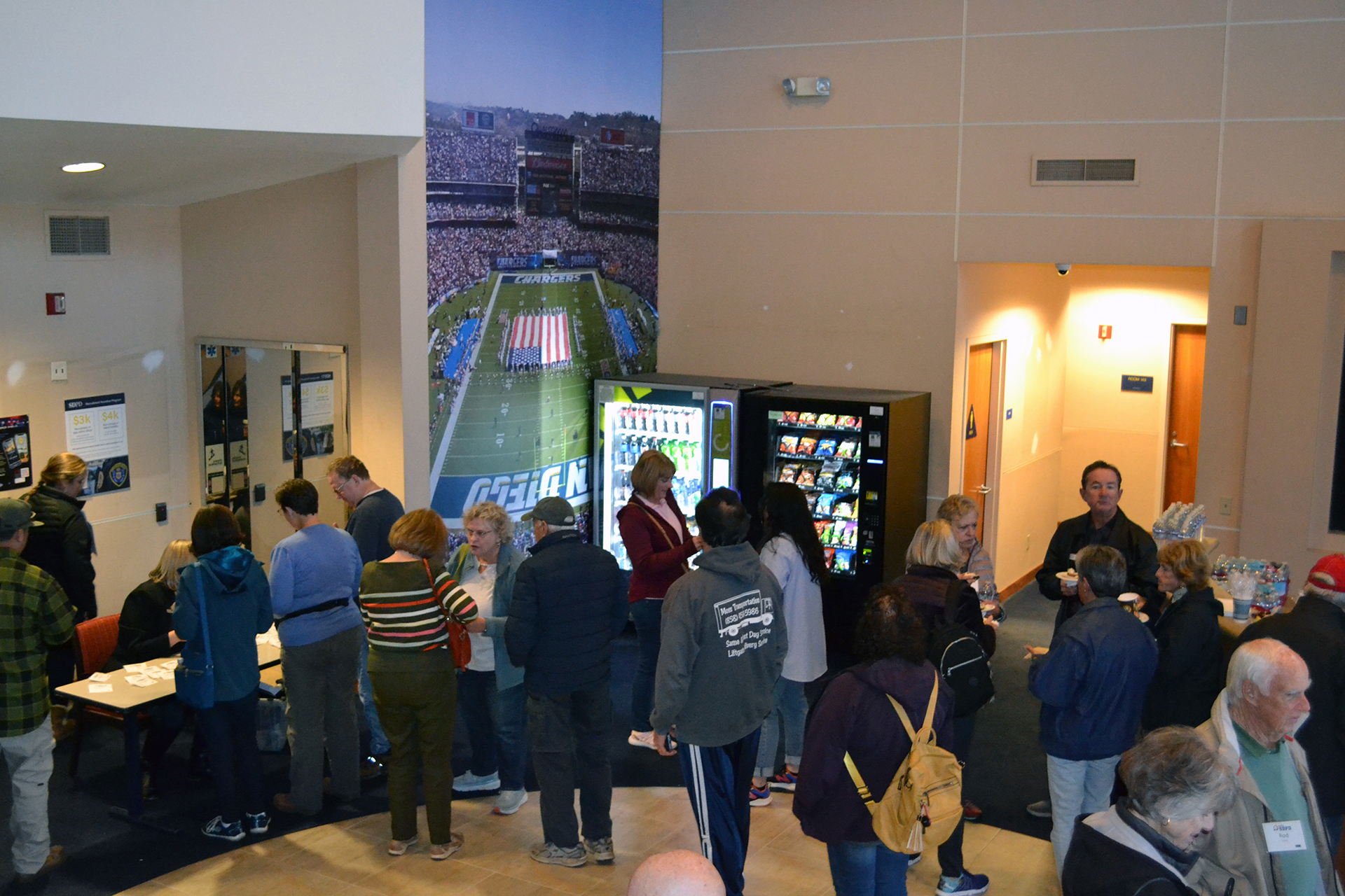 Police Plaza Lobby with Chargers' mural 