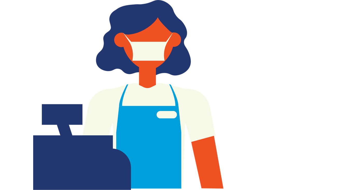 illustrated image of a woman at a cash register, wearing a mask