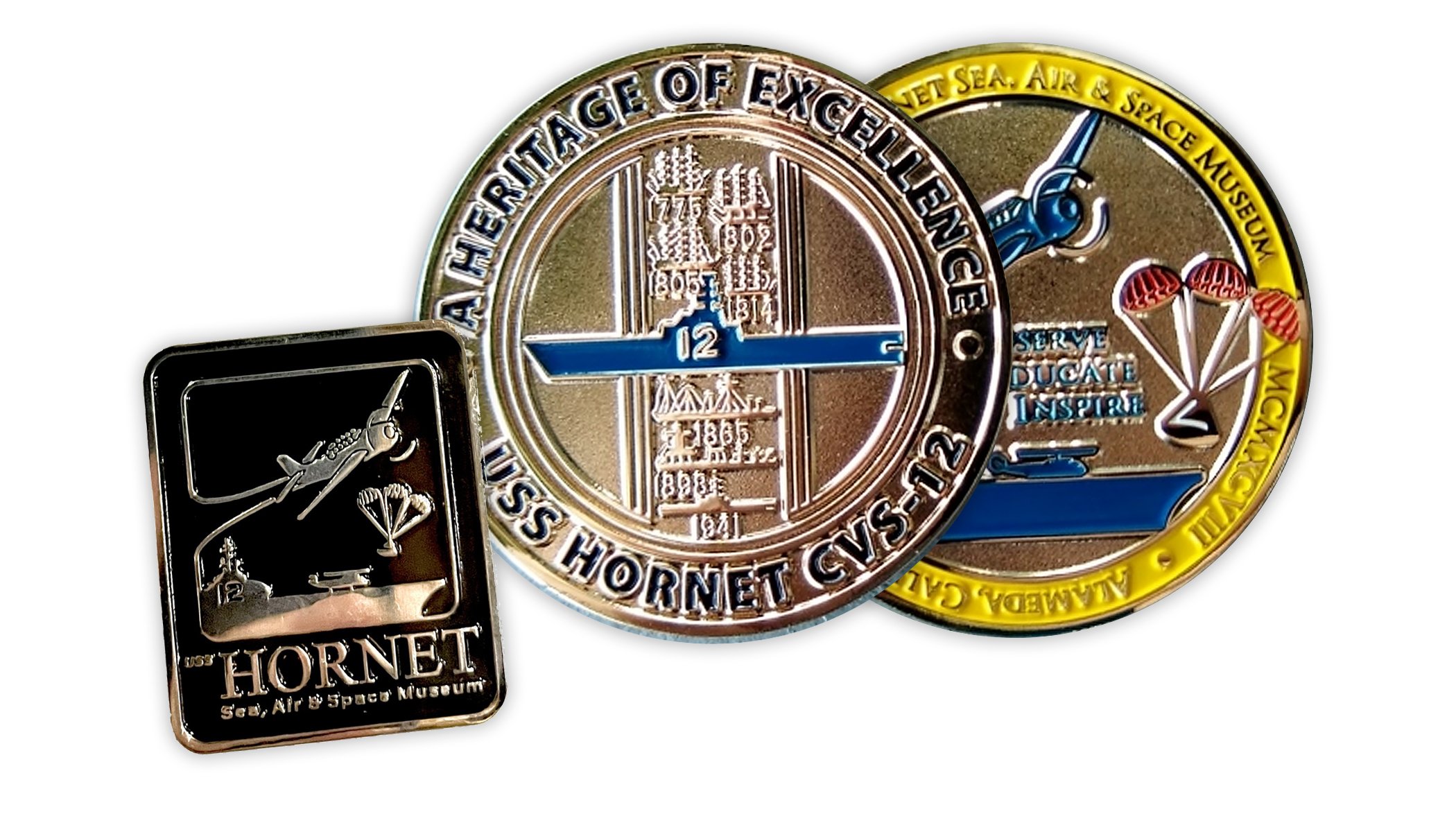 A Hornet Museum Logo pin and Heritage of Excellence Challenge Coin
