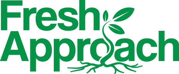 A green logo that says: Fresh Approach. There is imagery of a sprout in the middle.