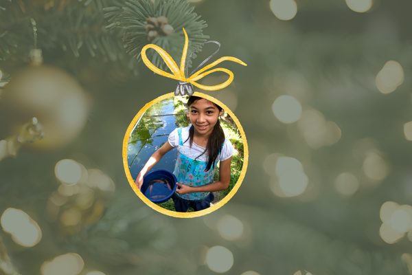 An image of a Christmas ornament featuring a girl collecting water. 