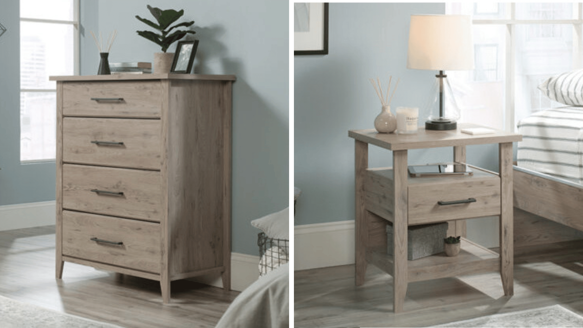 A light wooden chest with rod handles and four drawers on the left and a nightstand with one drawer on the right.