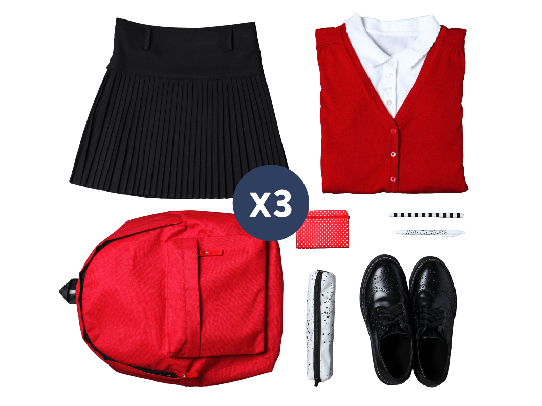 Flatlay of school uniform with school supplies