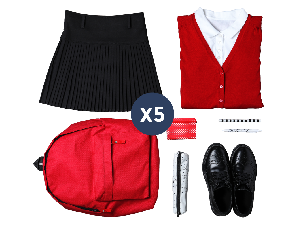 Flatlay of school uniform with school supplies