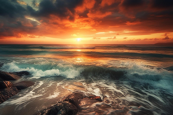 red and orange sunset over a calm ocean