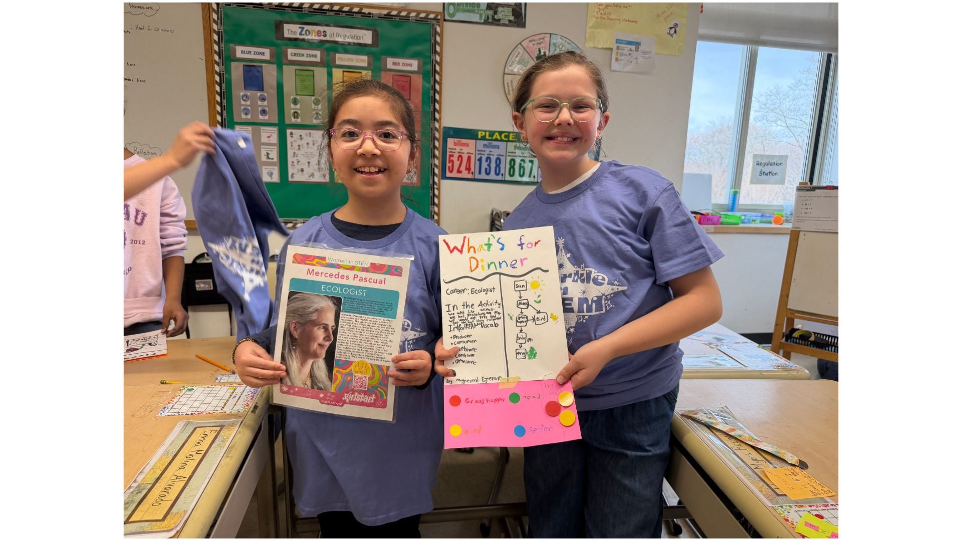 Two girls holding their STEM presentations for Girlstart