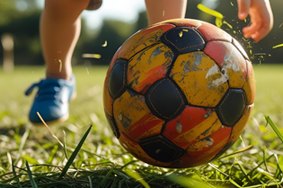A close-up of a red, orange, and black soccer ball that looks well used. A young child's foot can be seen in the background, chasing after the ball.