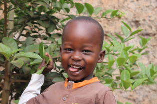 A little boy from Uganda smiles with his tongue out. He fidgets with large leaves behind him while looking at the camera. He wears a brown and white shirt.