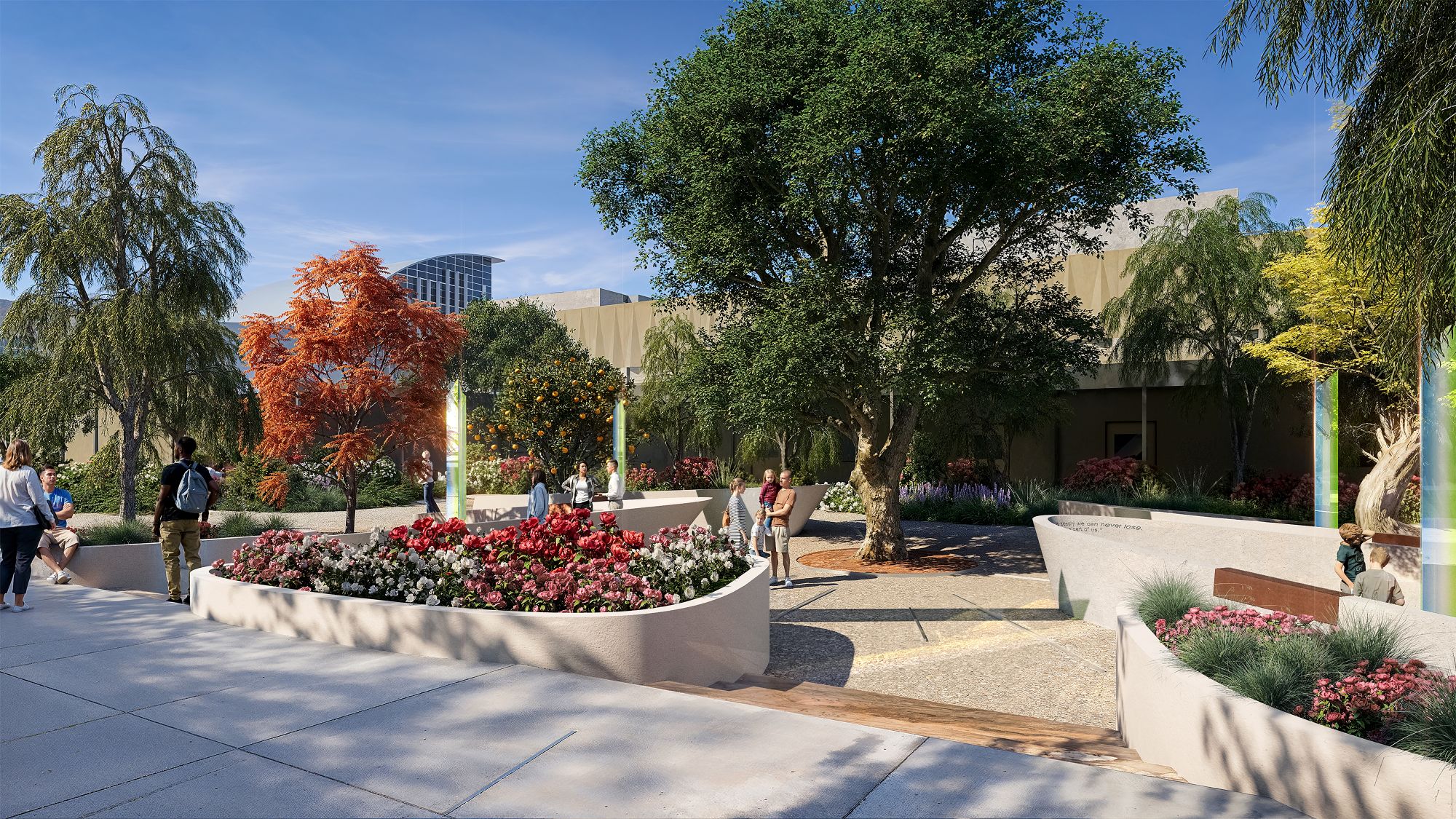 Rendering of Healing Garden with benches, trees, and flower planter boxes.