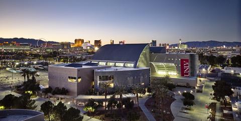 An areal view of the main UNLV library building