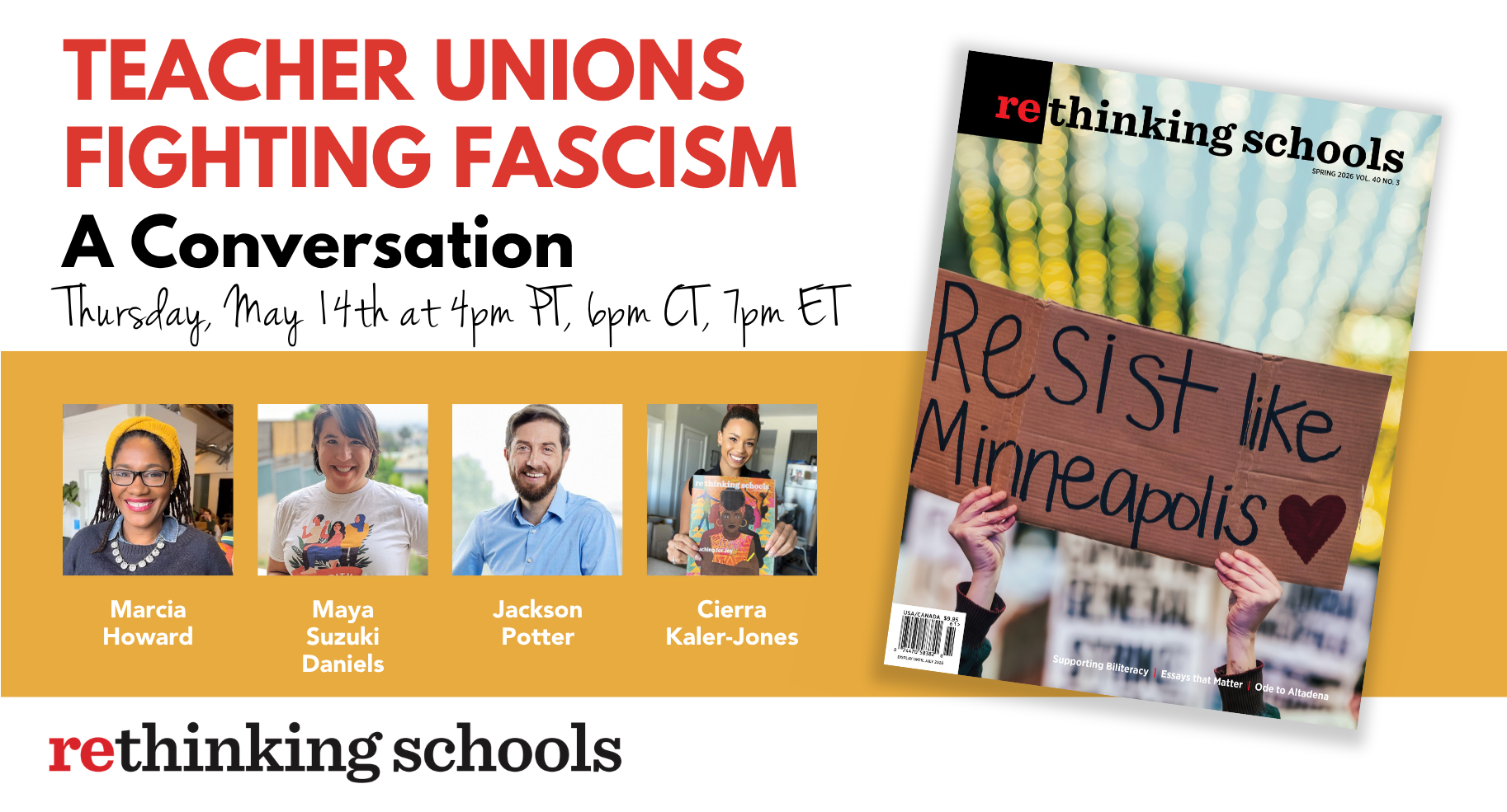 teacher unions fighting fascism event poster with headshots and magazine cover