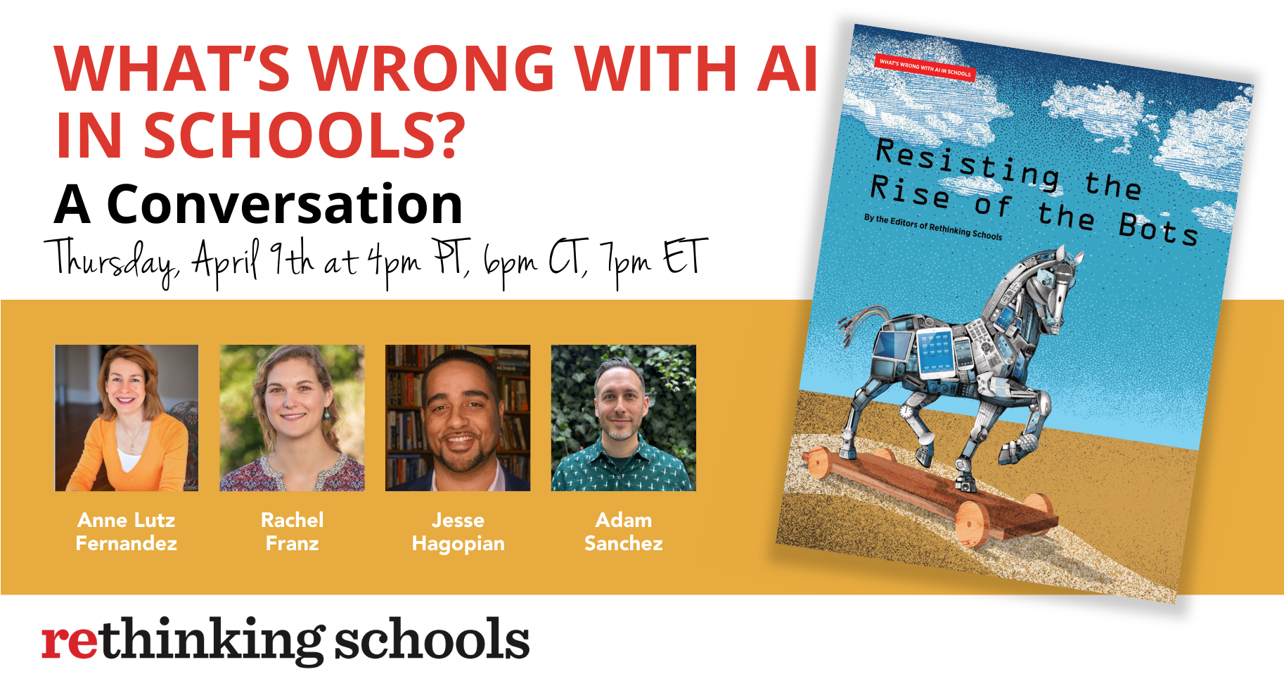 What's Wrong with AI in Schools? A conversation with four portraits and a book cover on yellow ribbon background