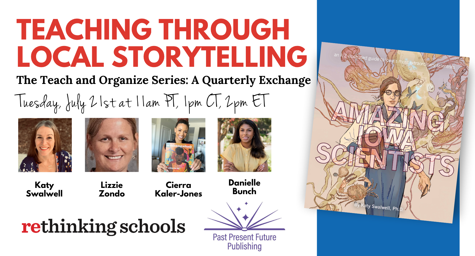 teaching through local storytelling event announcement with headshots and book cover
