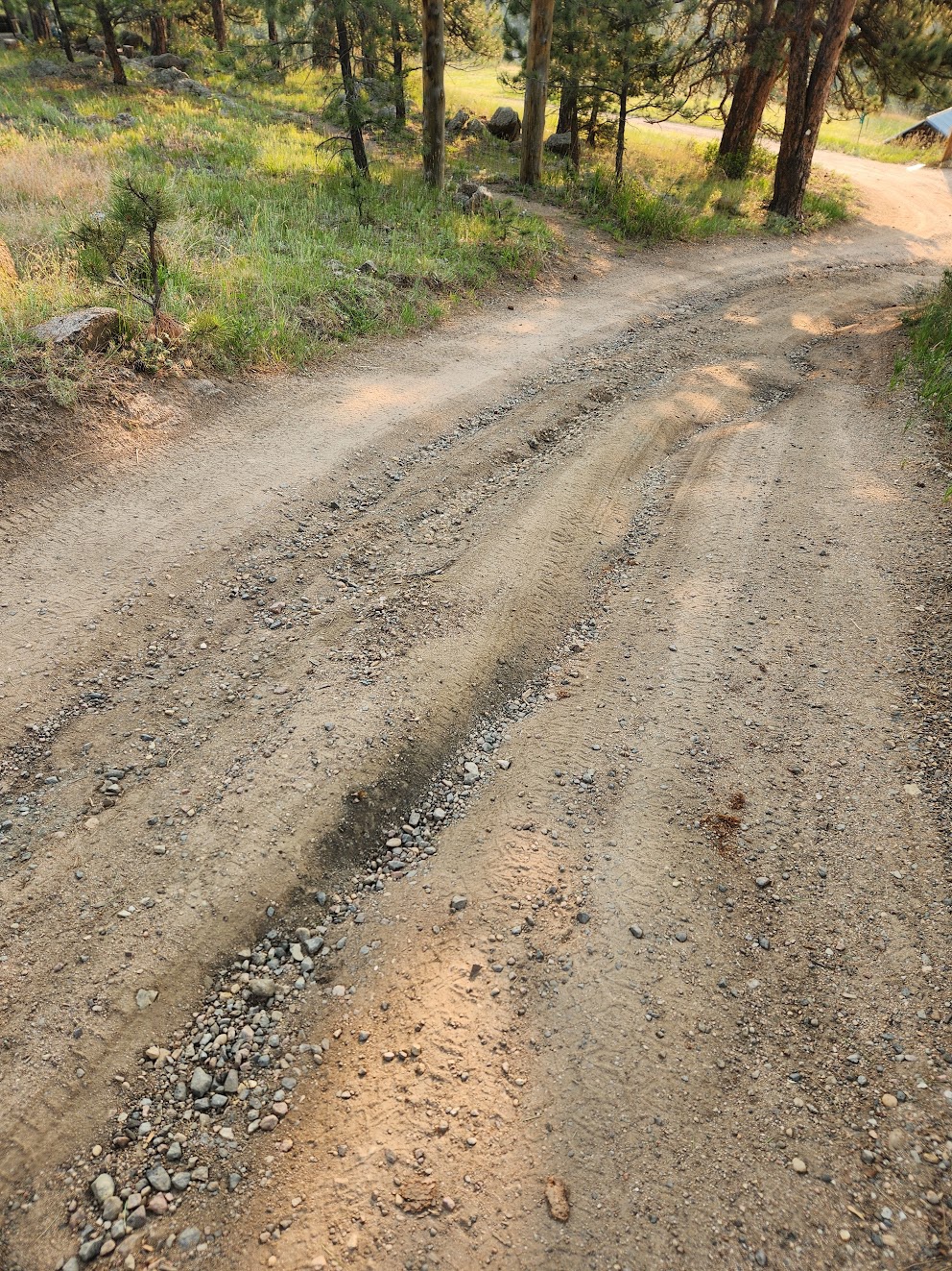 Deep ruts and exposed rock carved down the length of the dirt road