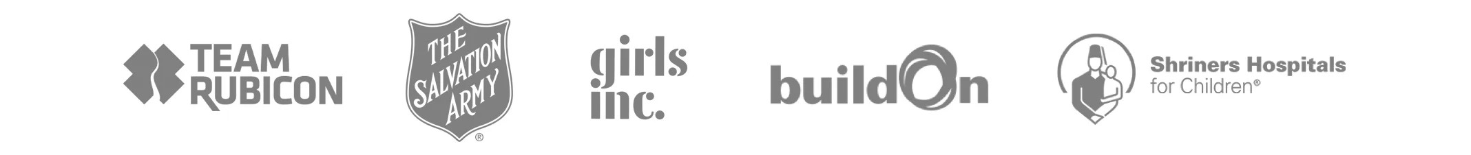 logos for Team Rubicon, The Salvation Army, Girls Inc, BuildOn, and Shriners Hospital for Children