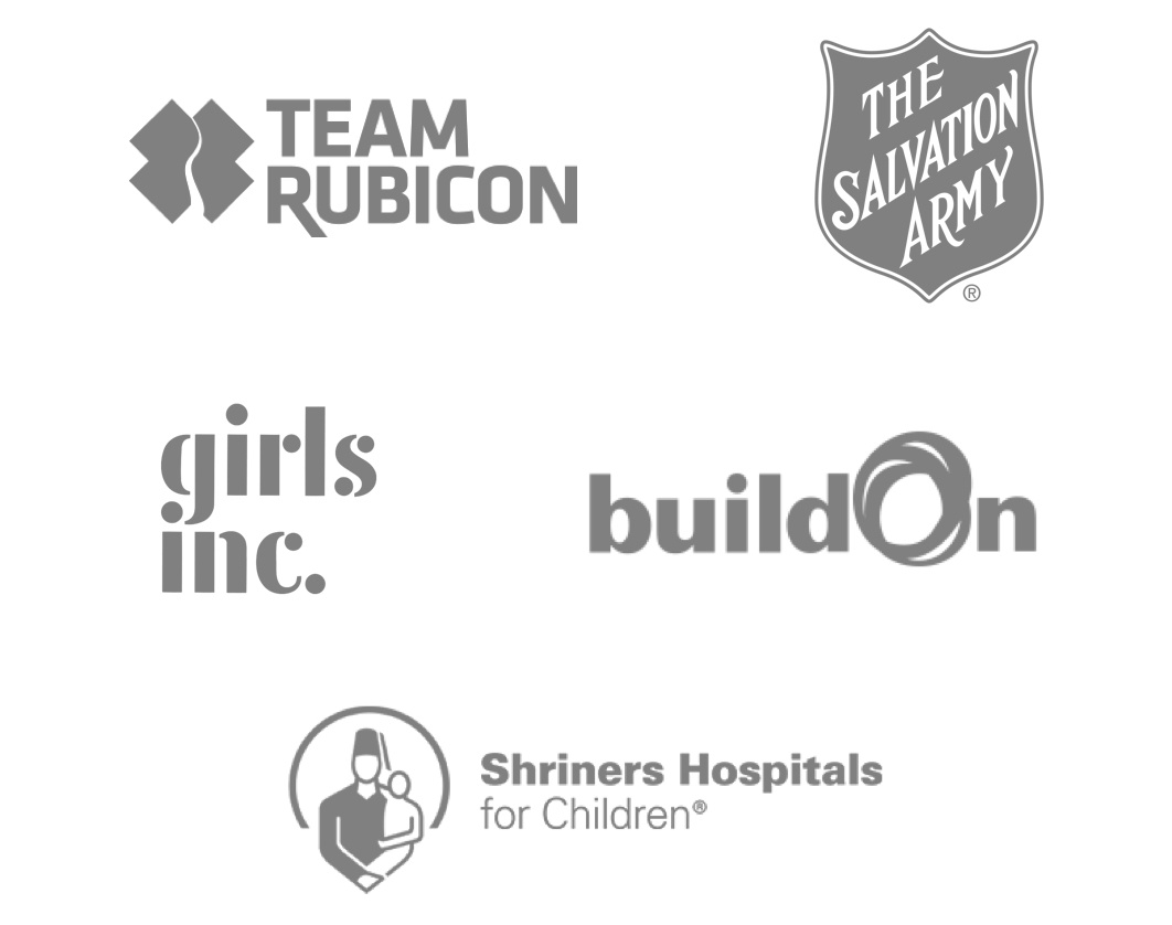 logos for Team Rubicon, The Salvation Army, Girls Inc, BuildOn, and Shriners Hospital for Children