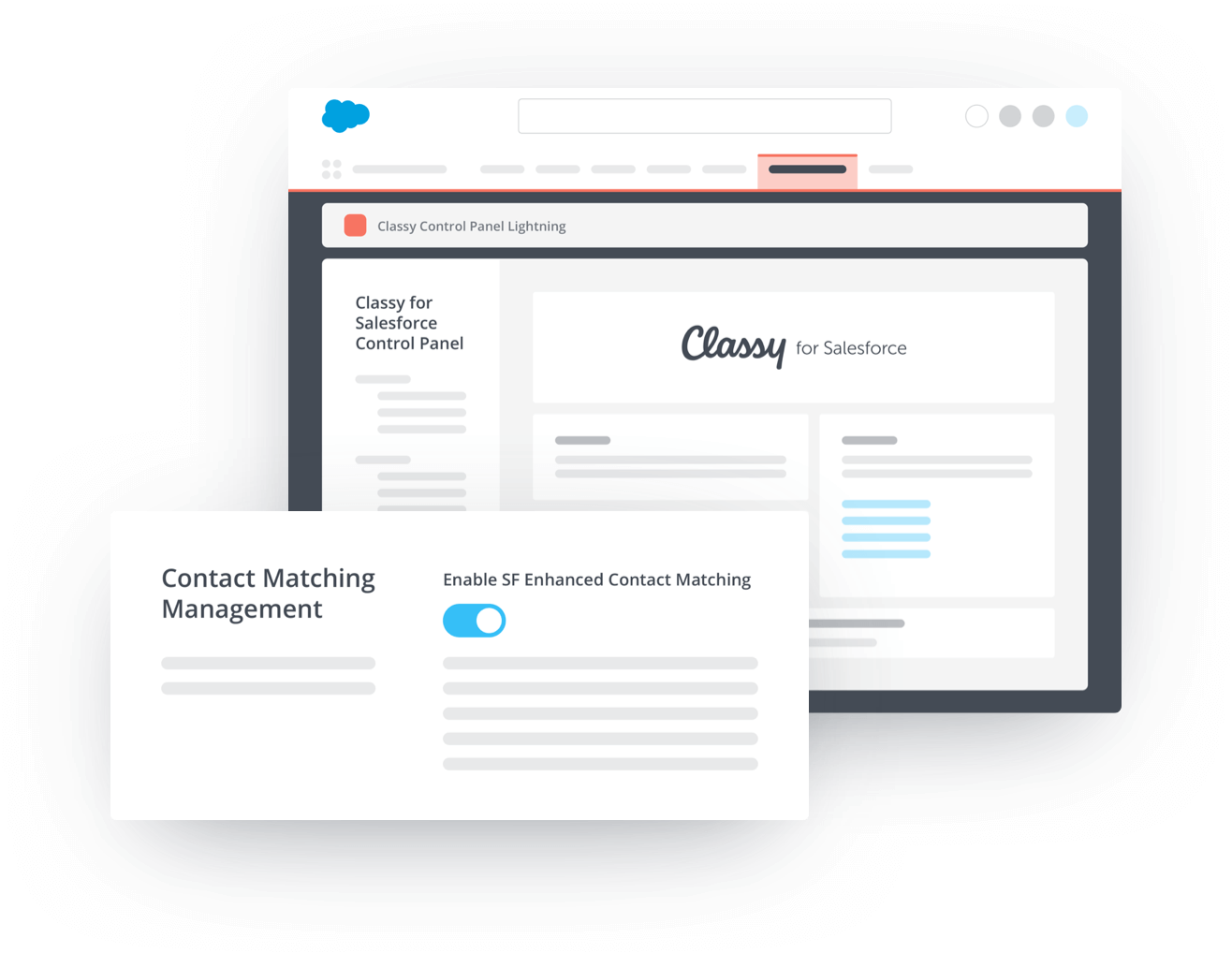 Example of Classy for Salesforce control panel with Contact Matching Management