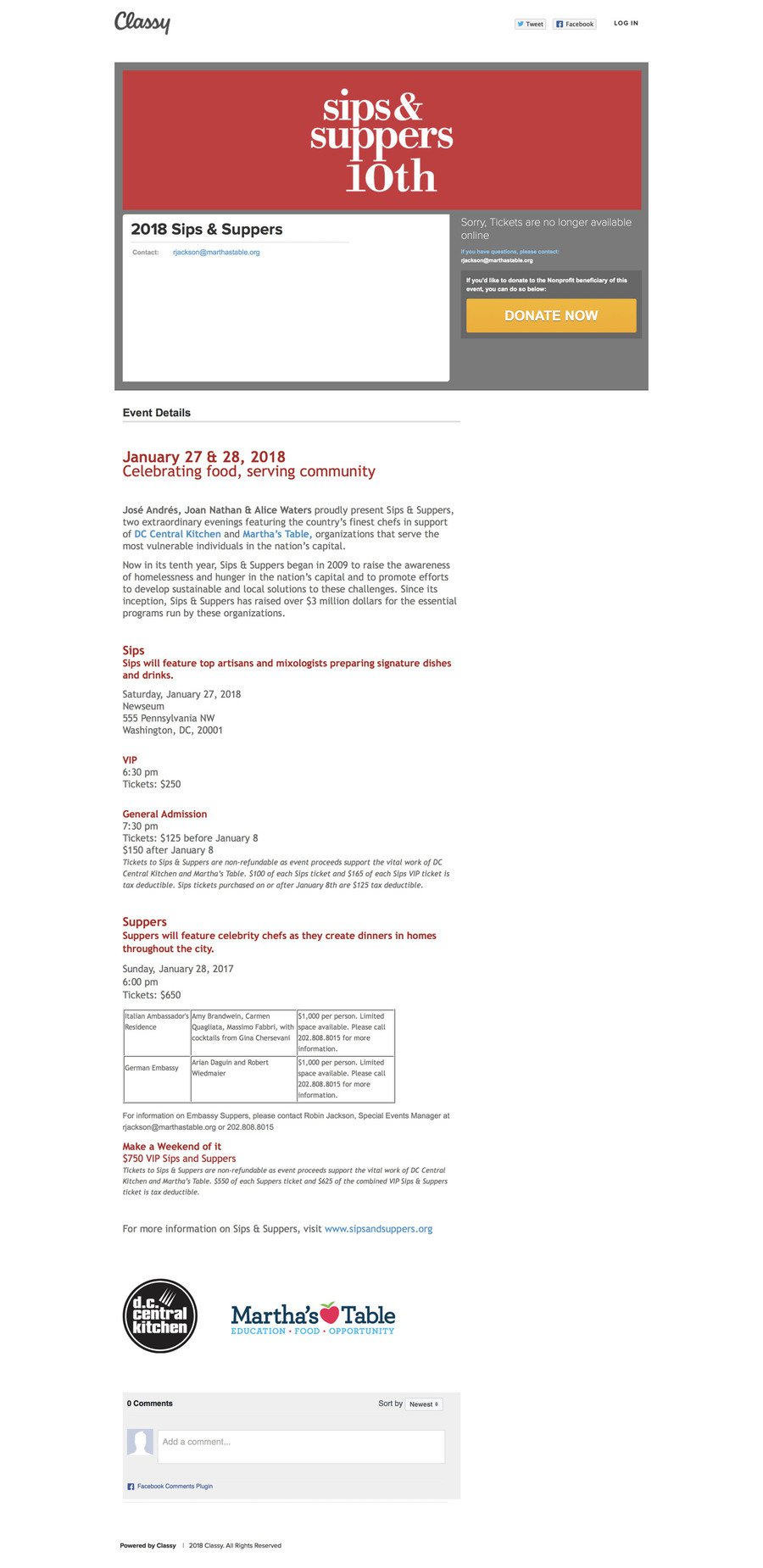 2018 Sips & Suppers , a Ticketed Event campaign on Classy.org