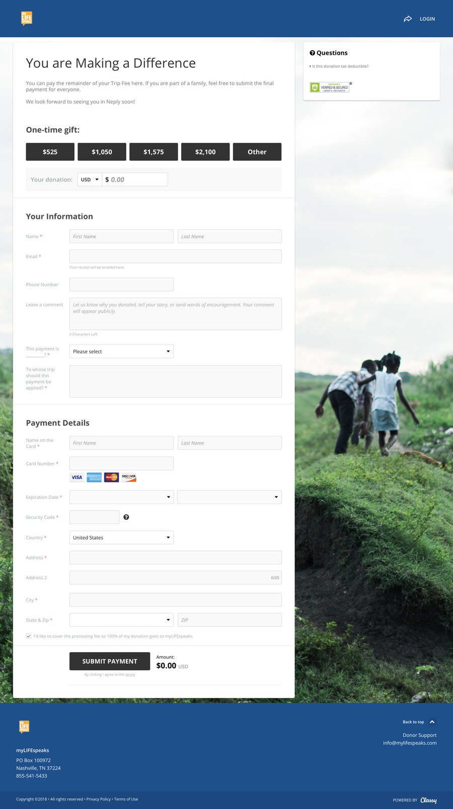 myLIFEspeaks Trip Payment Form , a Donation campaign on Classy.org