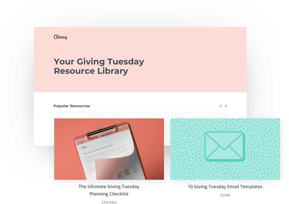 Sneak peak into resource library assets including The Ultimate Giving Tuesday Planning Checklist & Giving Tuesday Email Templates