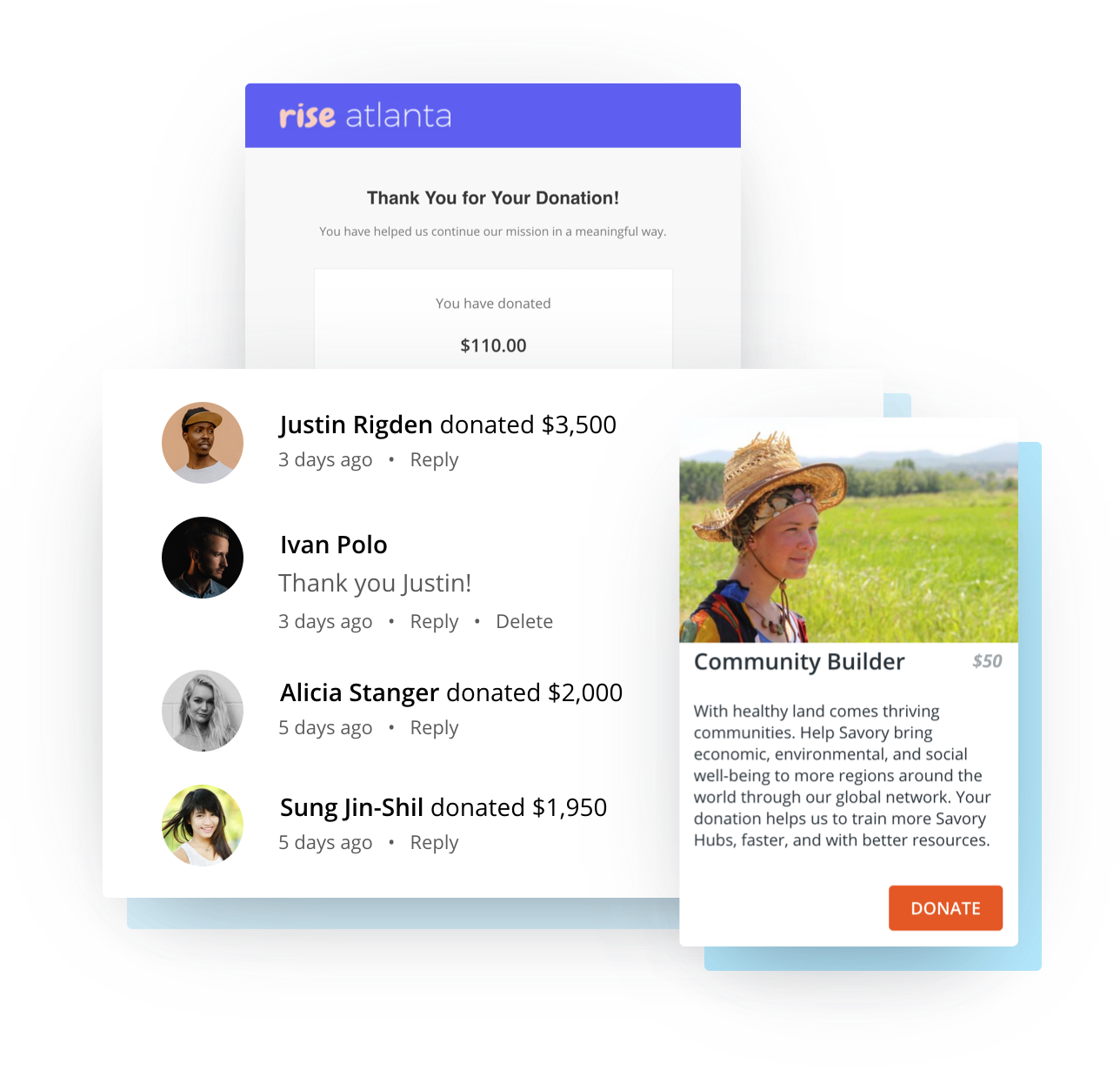 Examples of impact block with how donations are used and an activity wall with money raised and instant thank yous to donors