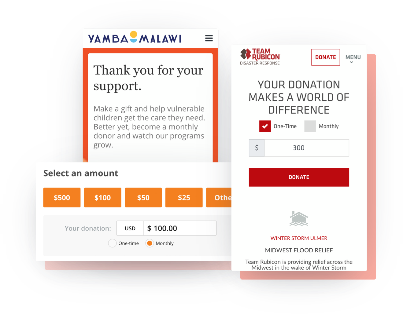 Mobile-optimized crowdfunding page example that showcases preset custom donation amounts & suggested donation amounts
