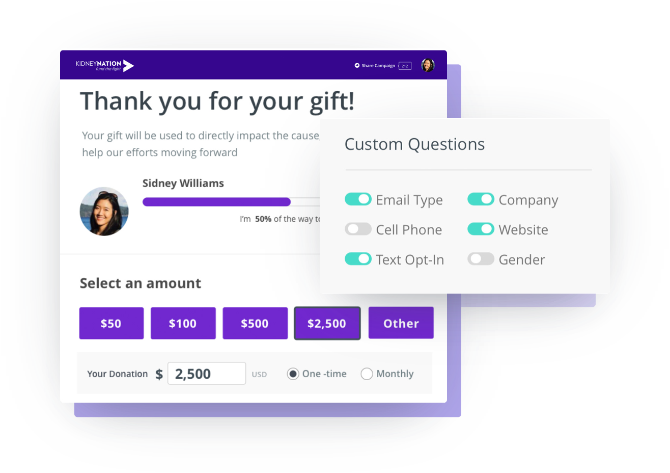 Custom donation form example with questions set by nonprofit to learn more about donors