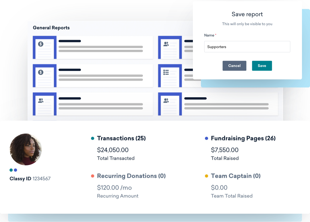 Example supporter management data including total raised and recurring donation amount