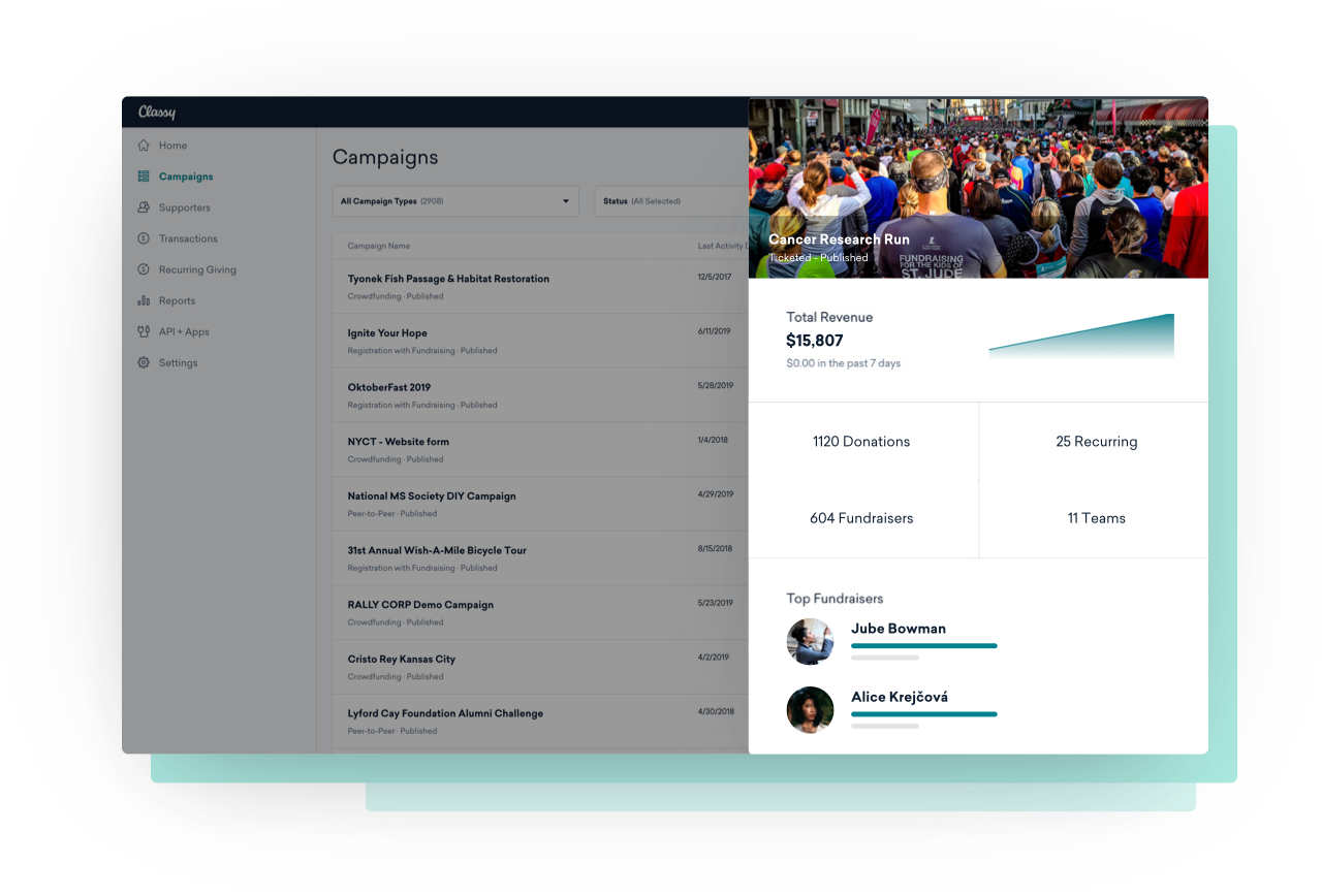 Campaign and event management dashboard with example data