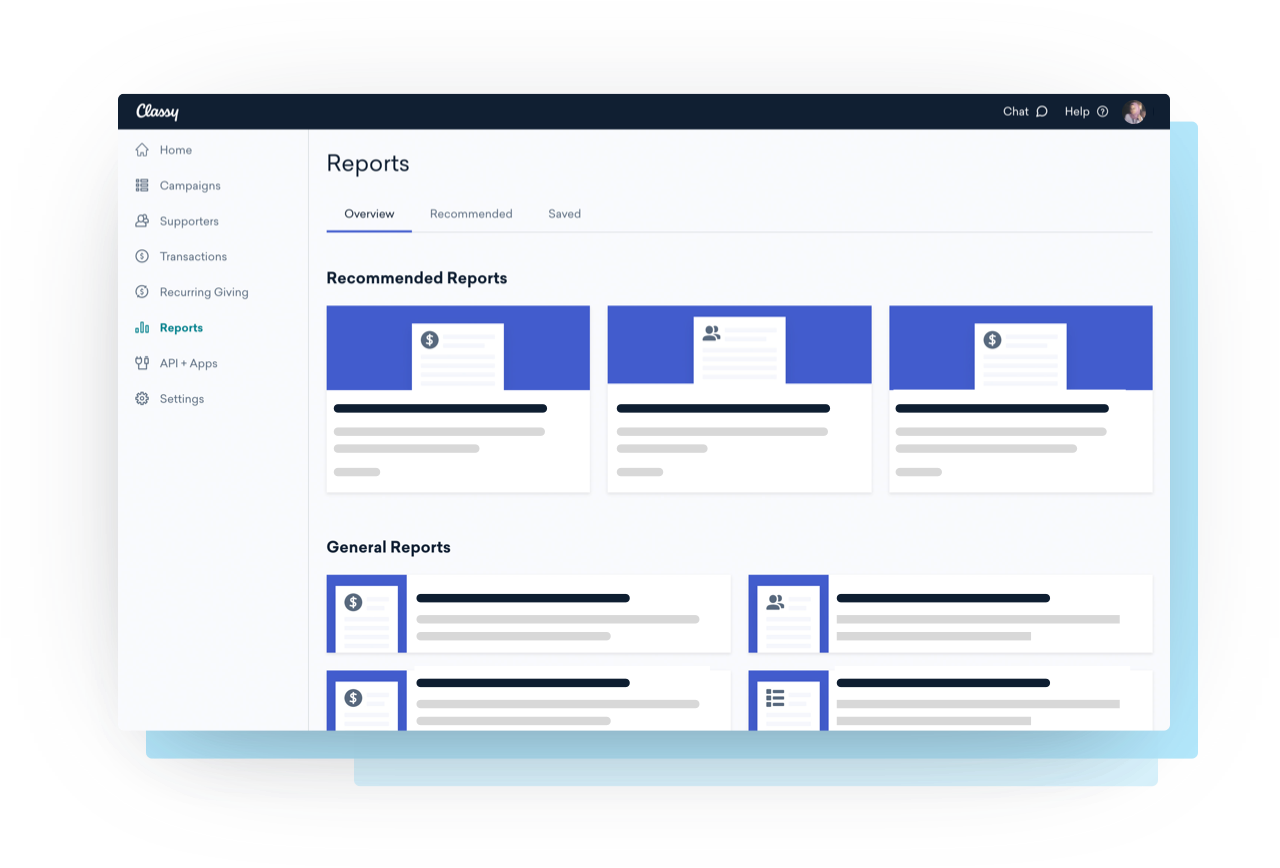 Reporting interface example to view and share data and donor insights