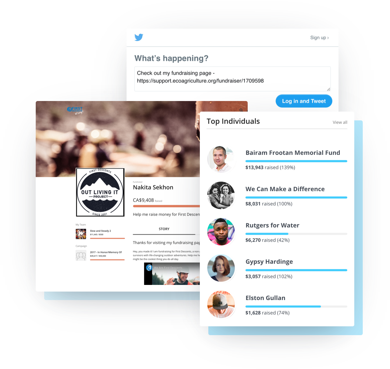 Built-in social sharing options, live leaderboards for fundraising, and flexible fundraiser pages with photo updates
